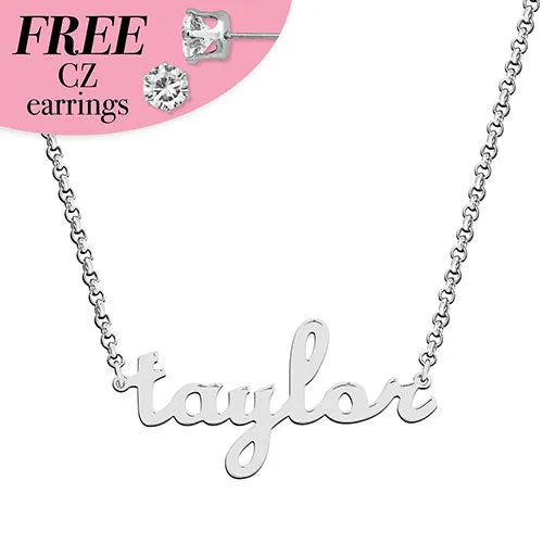 Sterling Silver Lowercase Script Name with Free CZ Earrings sold by Limoges Jewelry