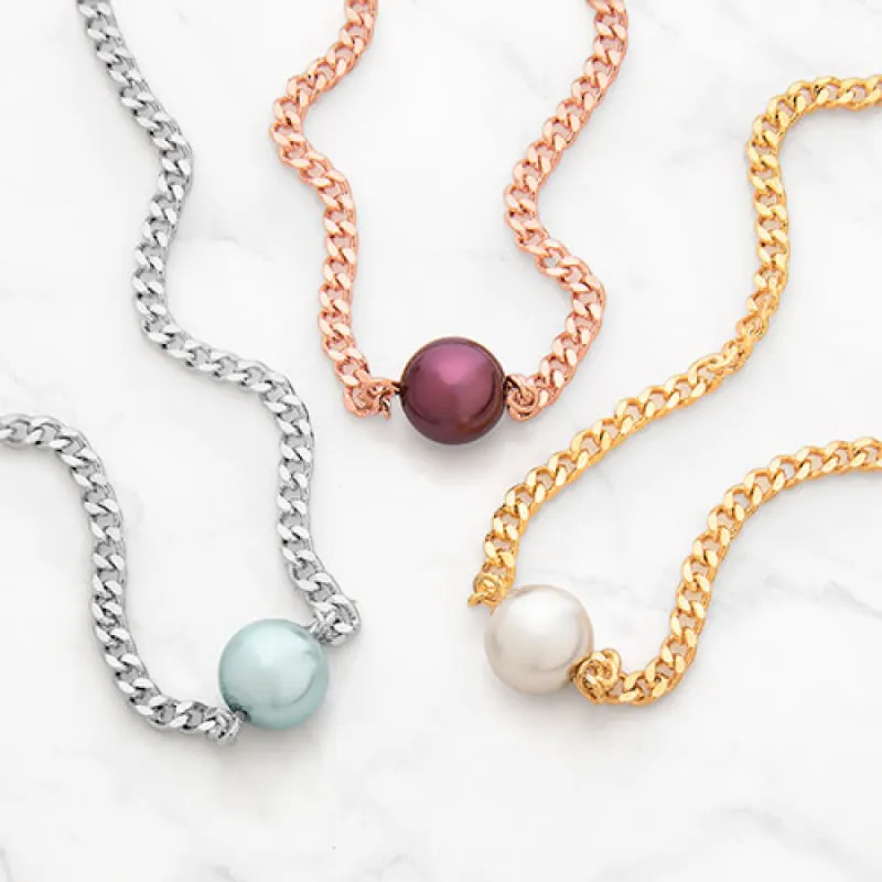 Sterling Silver Birthstone Pearl Station Curb Chain Necklace sold by Limoges Jewelry