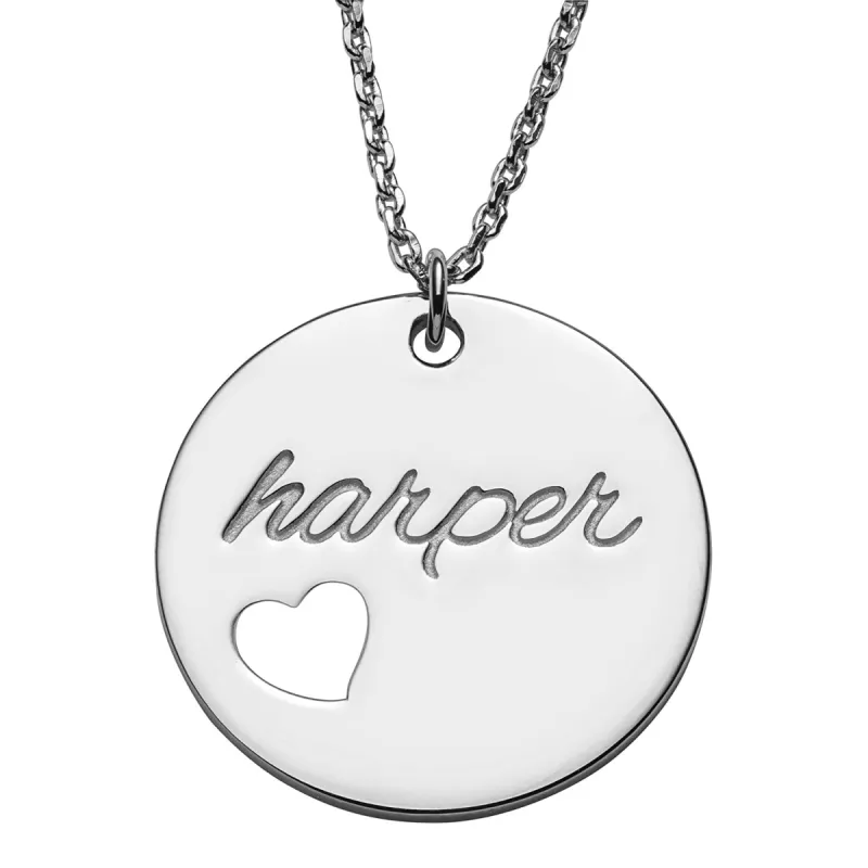 Sterling Silver Engraved Name Disc with Heart Necklace sold by Limoges Jewelry