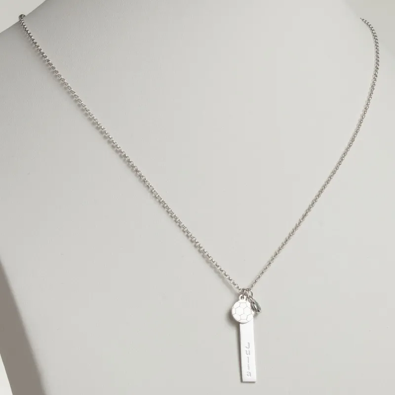 Silver Plated Name Necklace with Soccer Ball Charm and Birthstone Dangle sold by Limoges Jewelry