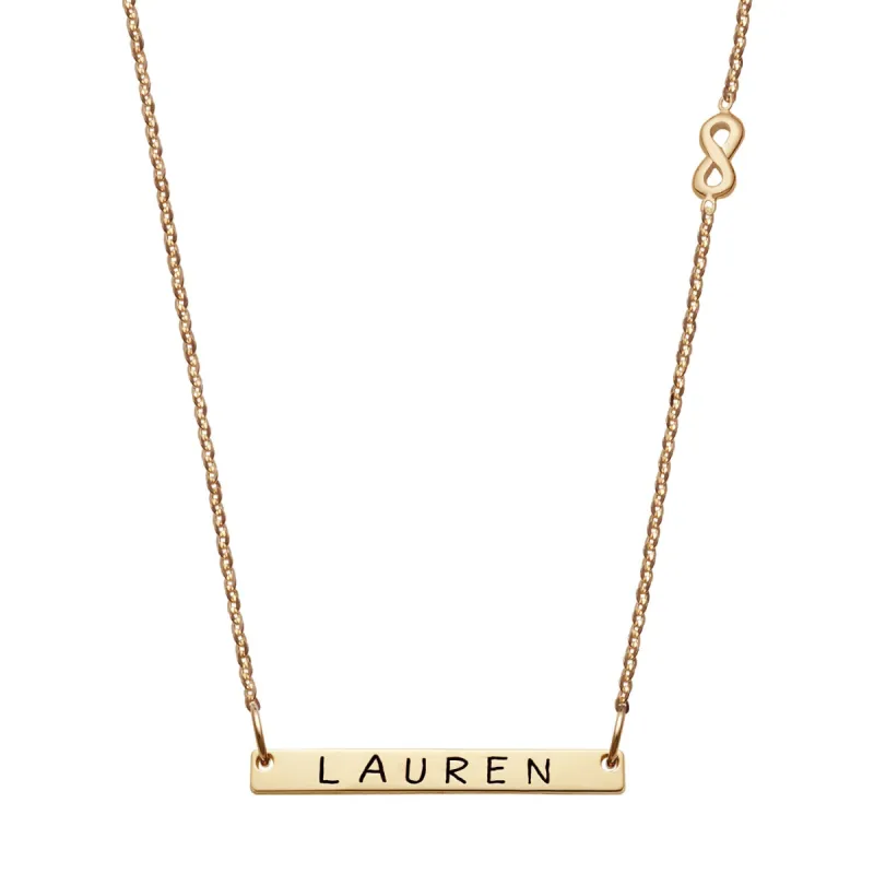 10K Yellow Gold Mini Bar Name with Infinity Necklace sold by Limoges Jewelry