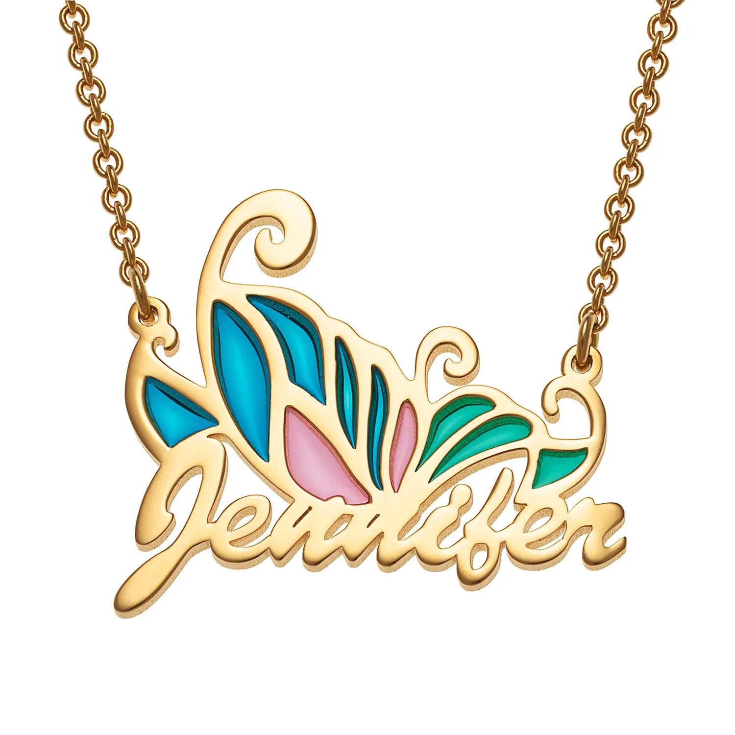 14K Gold Plated Petite Script Name Necklace with Pink and Blue Enamel Butterfly sold by Limoges Jewelry