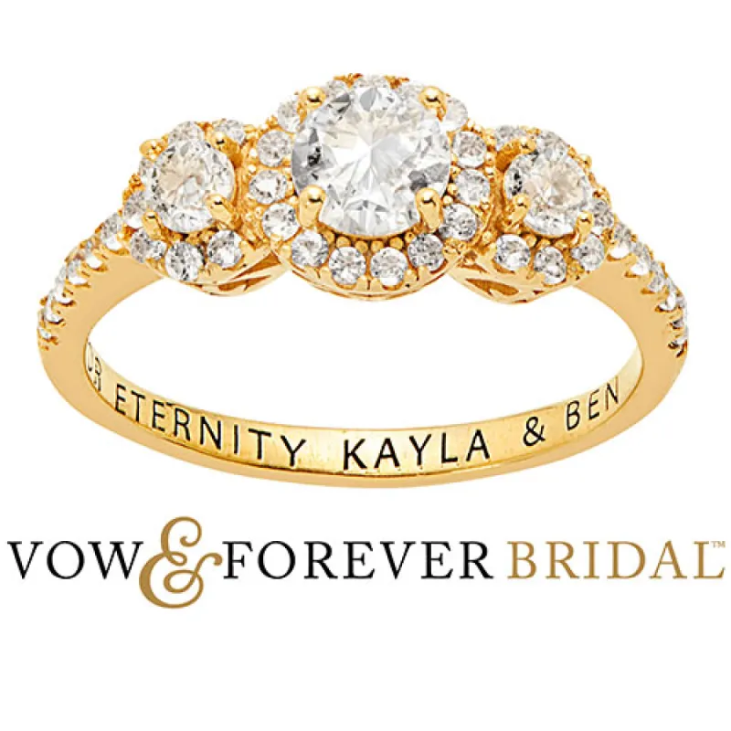14K Gold over Sterling Halo 3-Stone White Topaz Engraved Engagement Ring sold by Limoges Jewelry