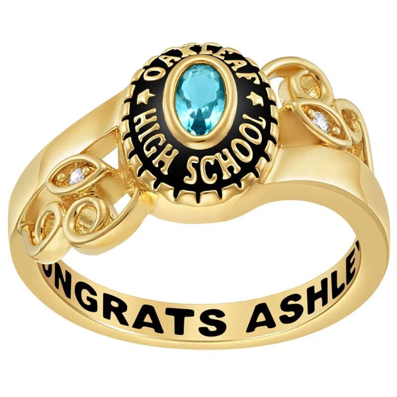 Ladies 18K over Sterling Traditional Oval Stone & Diamond Swirl Class Ring sold by Limoges Jewelry