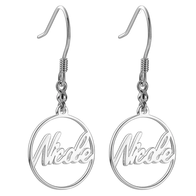 Sterling Silver Script Name Open Circle Dangle Earrings sold by Limoges Jewelry