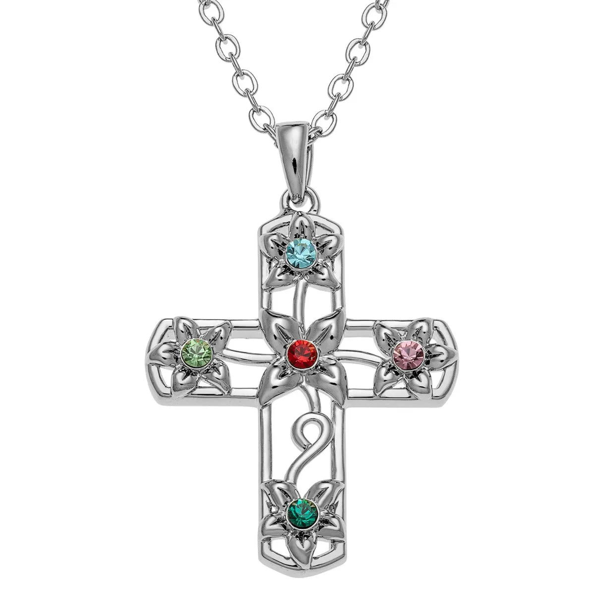 Silver Plated Flower Cross Birthstone Pendant sold by Limoges Jewelry
