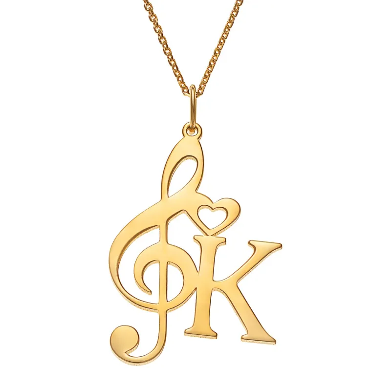 14K Gold over Sterling Initial with Music Note and Heart Necklace sold by Limoges Jewelry