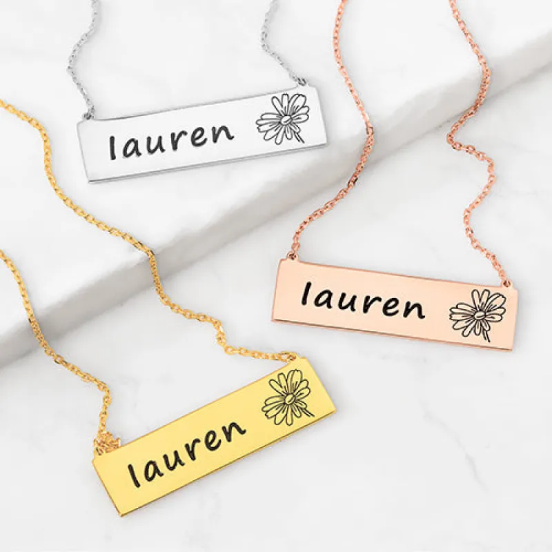 Engraved Name and Birthflower Bar Necklace sold by Limoges Jewelry