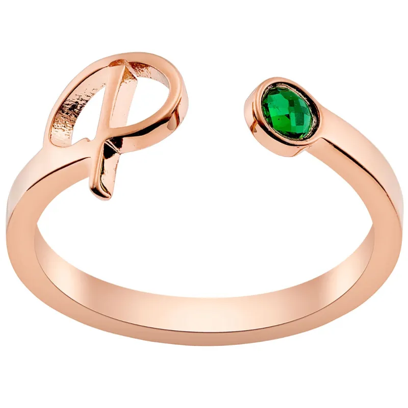 14K Rose Gold Plated Script Initial and Birthstone Open Ring sold by Limoges Jewelry