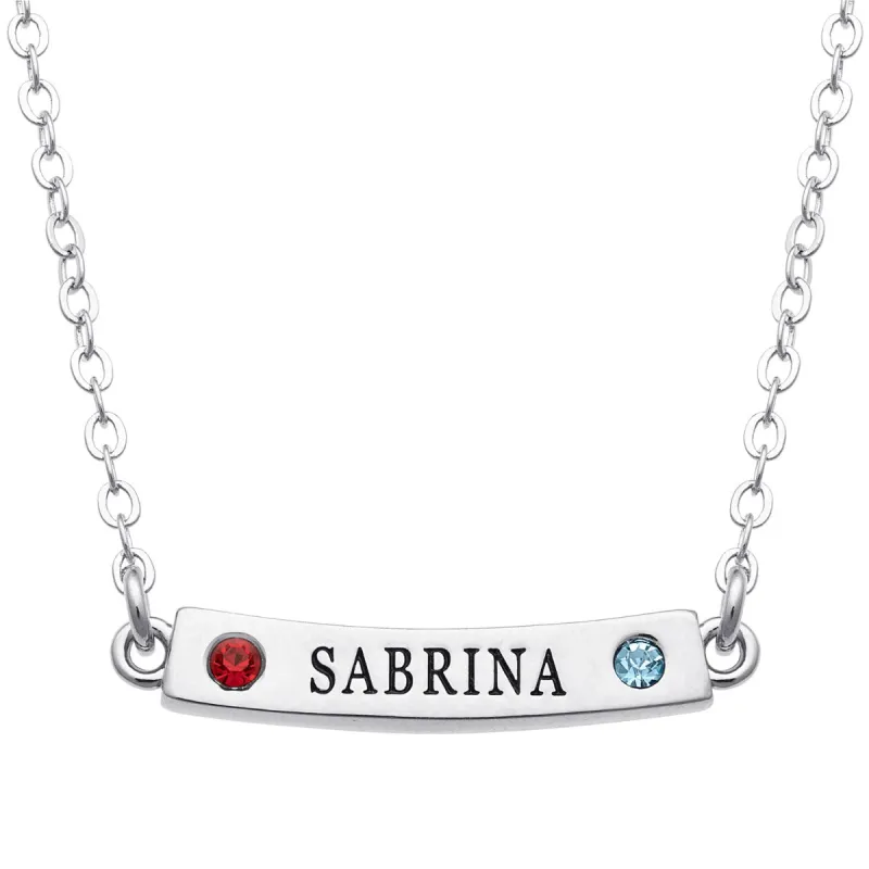 Silver Plated Engraved Name and Birthstone Curved Bar Necklace sold by Limoges Jewelry