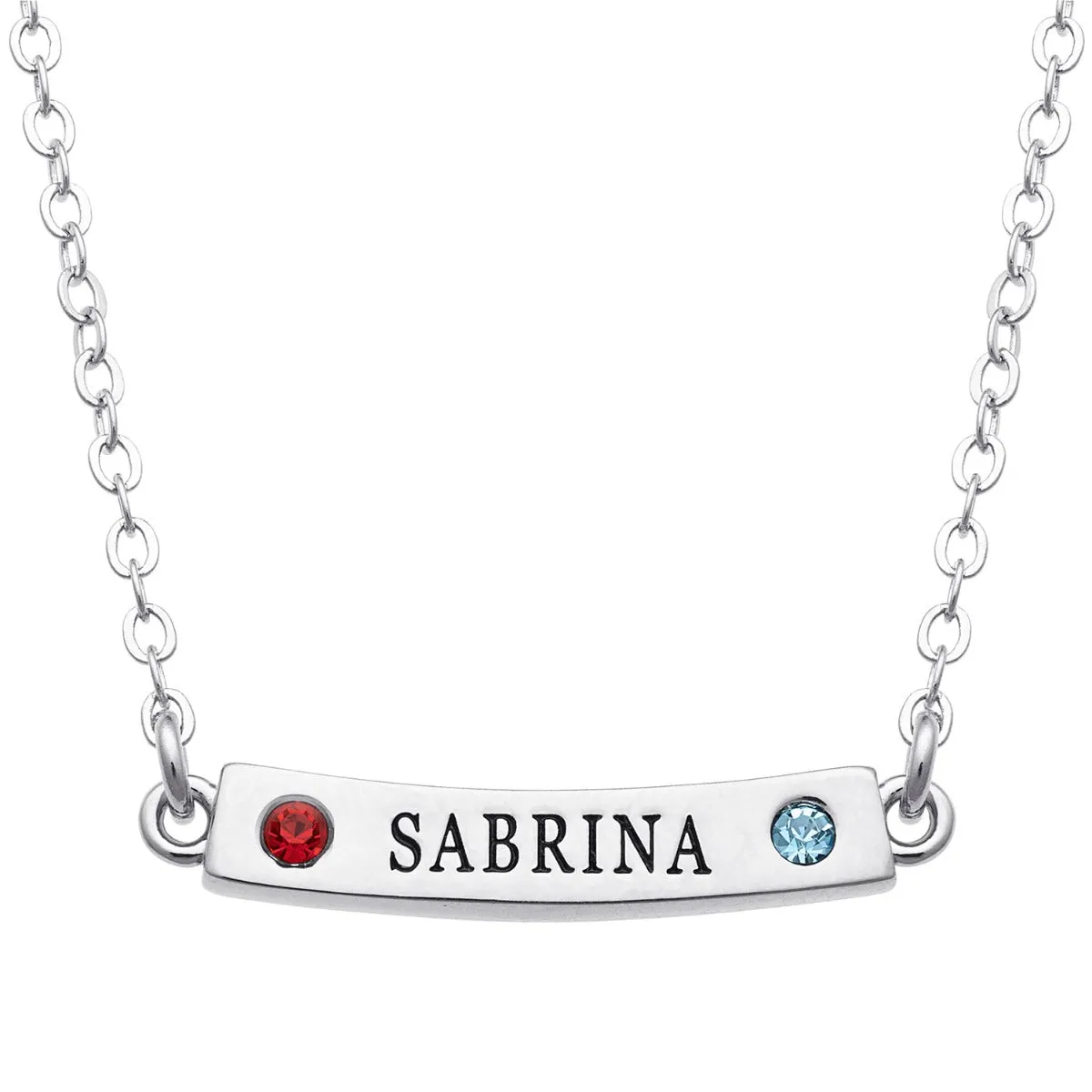 Silver Plated Engraved Name and Birthstone Curved Bar Necklace sold by Limoges Jewelry