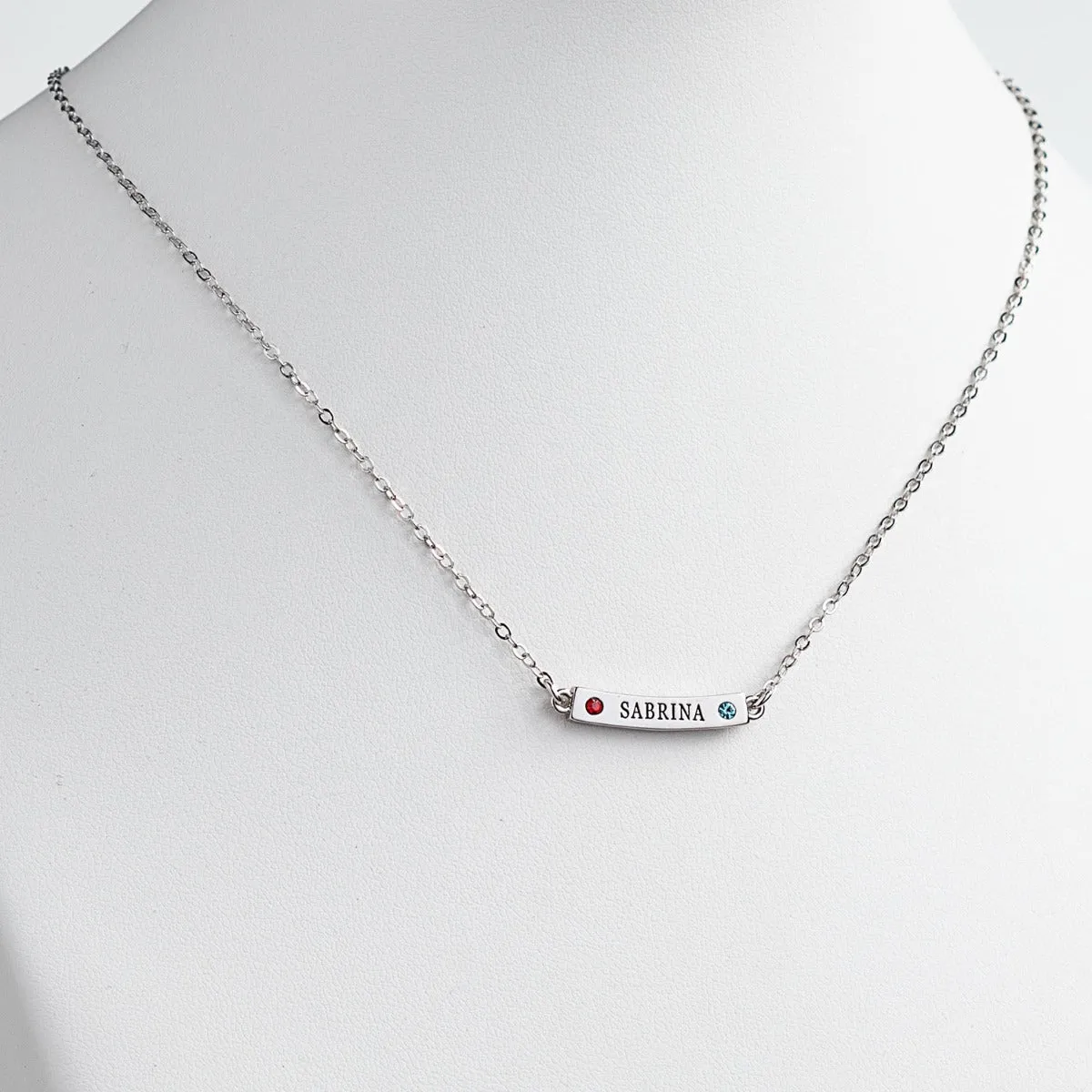 Silver Plated Engraved Name and Birthstone Curved Bar Necklace sold by Limoges Jewelry product image thumbnail 2