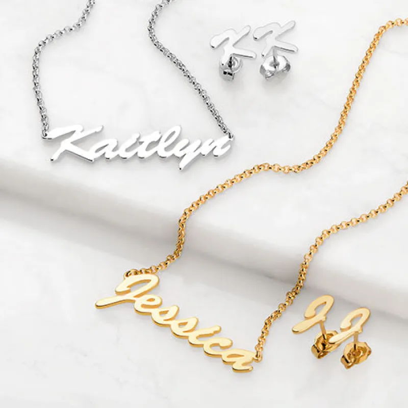 Hollywood Script Name Necklace and Initial Earring Set sold by Limoges Jewelry