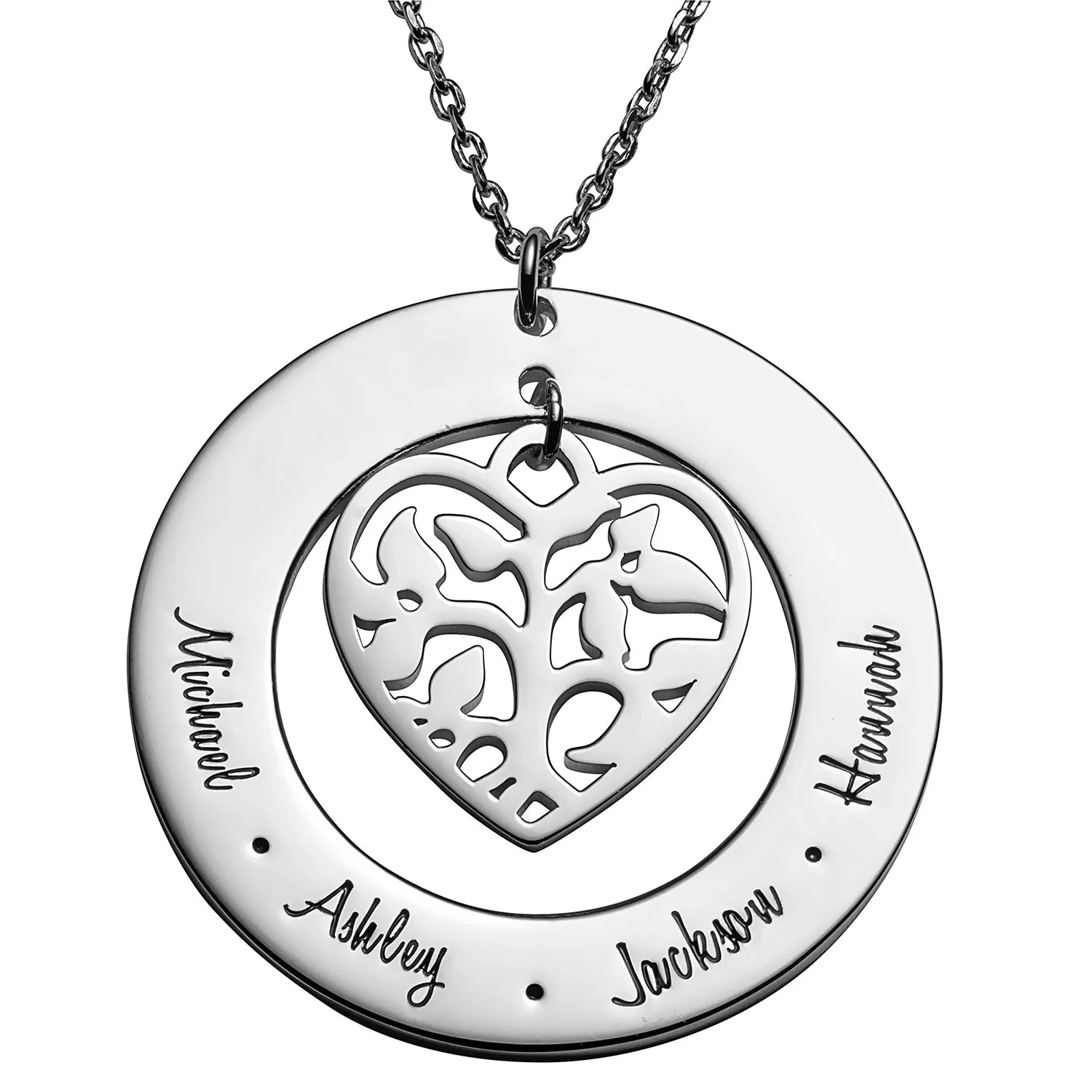Sterling Silver Family Name and Heart Family Tree Necklace sold by Limoges Jewelry