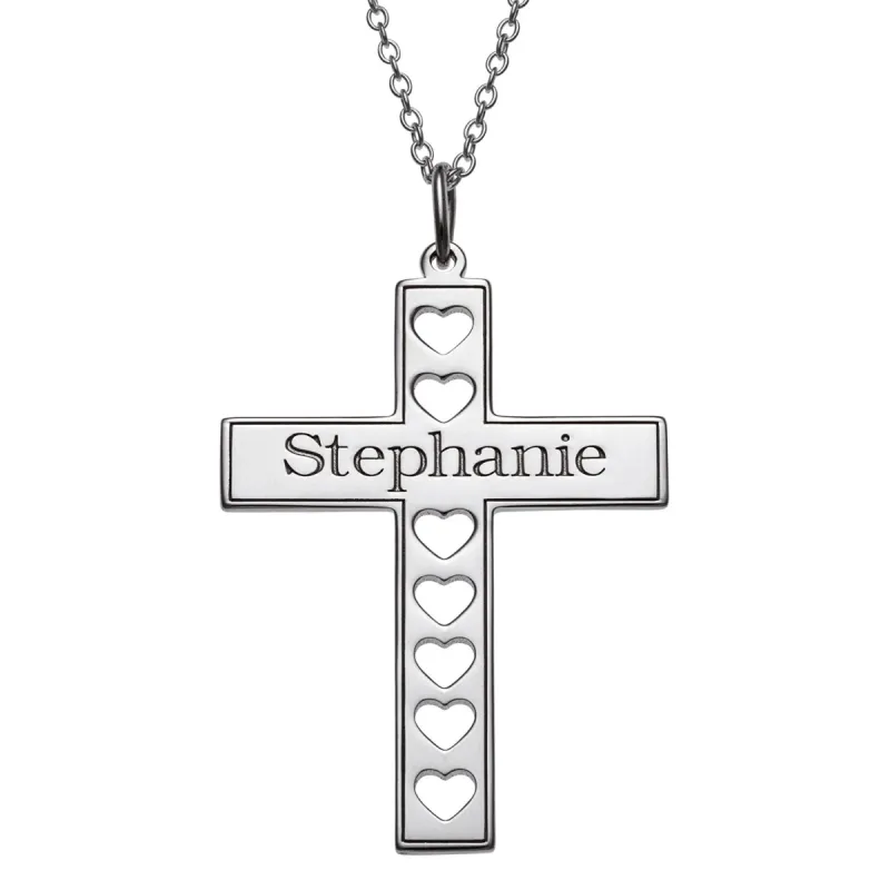 Sterling Silver Cross with Name and Cutout Hearts Necklace sold by Limoges Jewelry