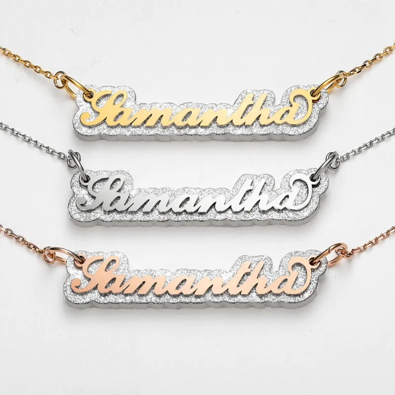 Stainless Steel Name on Silver Glittery Plaque Necklace sold by Limoges Jewelry