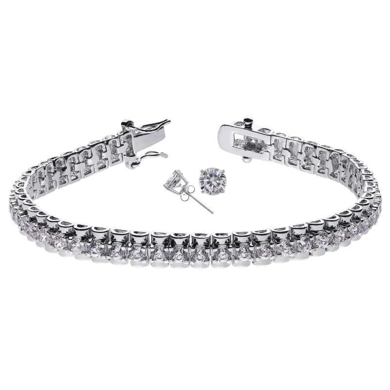 Silver Plated CZ Tennis Bracelet with CZ Stud Earrings sold by Limoges Jewelry