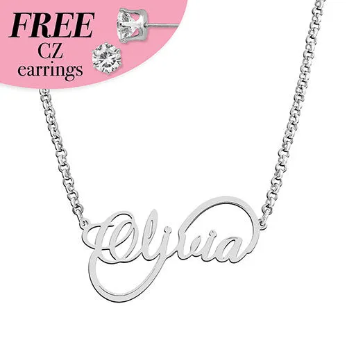 Sterling Silver Scrpt Infinity Name with Free CZ Earrings sold by Limoges Jewelry