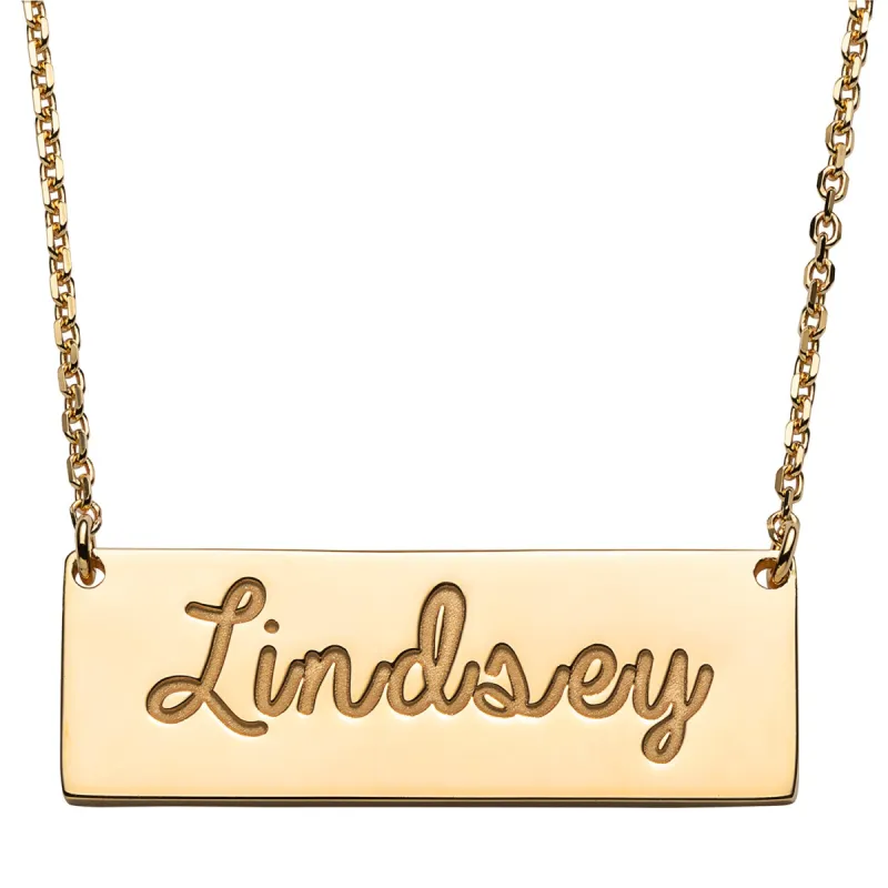 14K Gold over Sterling Engraved Script Name Bar Necklace sold by Limoges Jewelry
