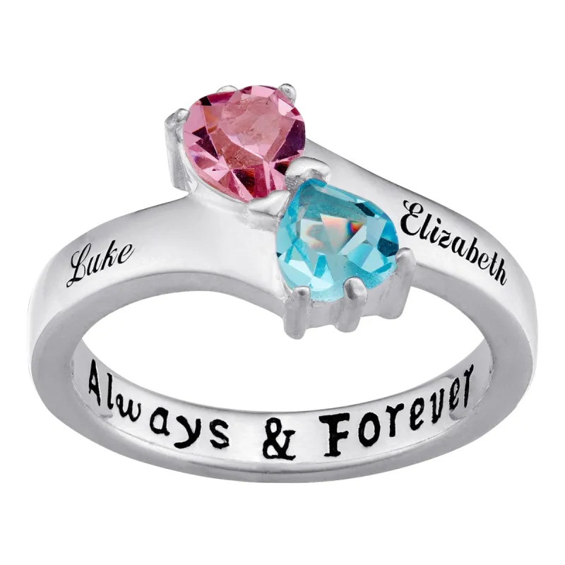 Sterling Silver Couples Name and Birthstone Hearts Ring sold by Limoges Jewelry