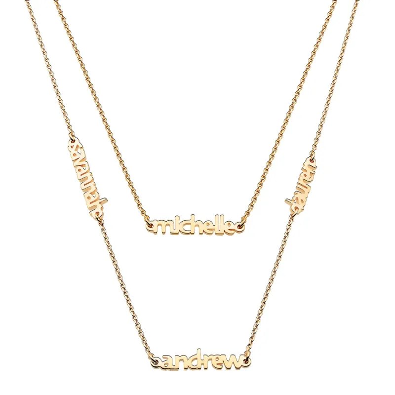 14K Gold over Sterling Petite Block Family Name Layered Necklace- 4 Names sold by Limoges Jewelry