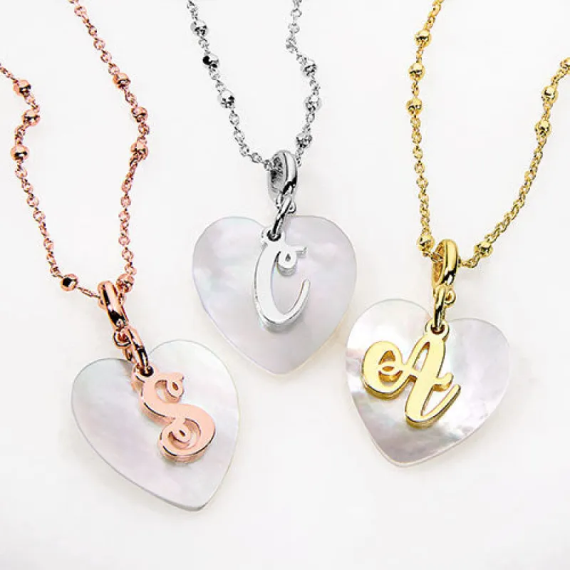 Script Initial Mother of Pearl Heart Pendant Necklace sold by Limoges Jewelry