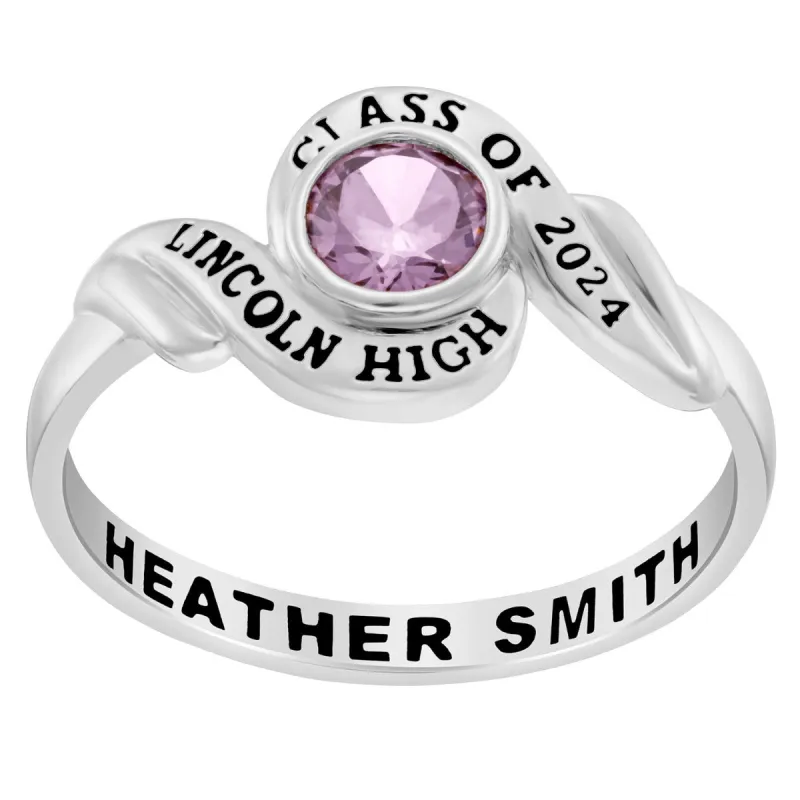Ladies' Platinum Plated Swirl Bypass Round Birthstone Class Ring sold by Limoges Jewelry