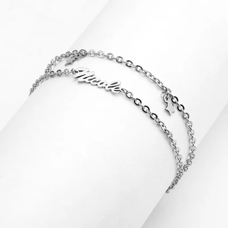 Stainless Steel Double Chain Star Charm and Name Anklet sold by Limoges Jewelry