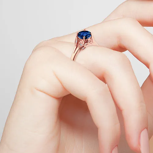 14K Rose Gold Plated Simulated Sapphire with Clear Crystal Leaves Ring sold by Limoges Jewelry product image thumbnail 3