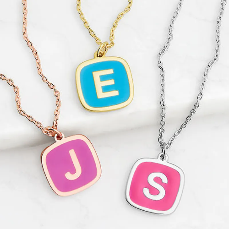 Cushion Shape Enamel Initial Necklace sold by Limoges Jewelry