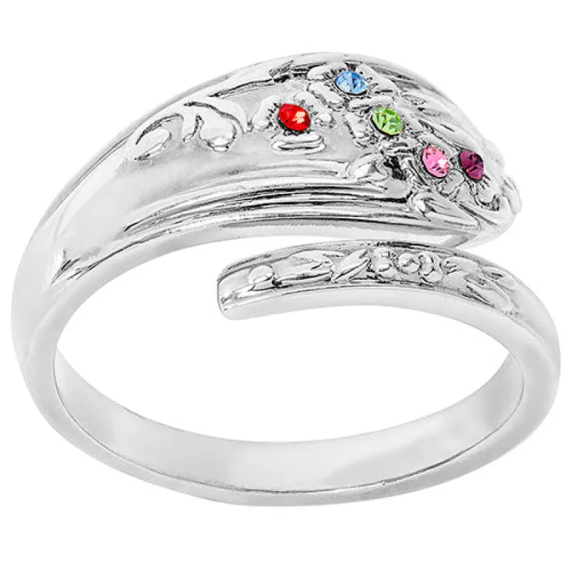 Silver Plated Family Birthstone Bypass Spoon Ring sold by Limoges Jewelry