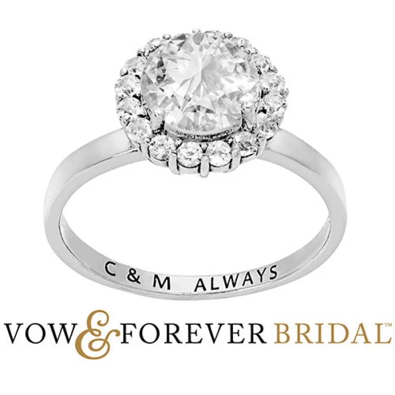 Platinum over Sterling Halo White Topaz Solitaire Engraved Engagement Ring sold by Limoges Jewelry