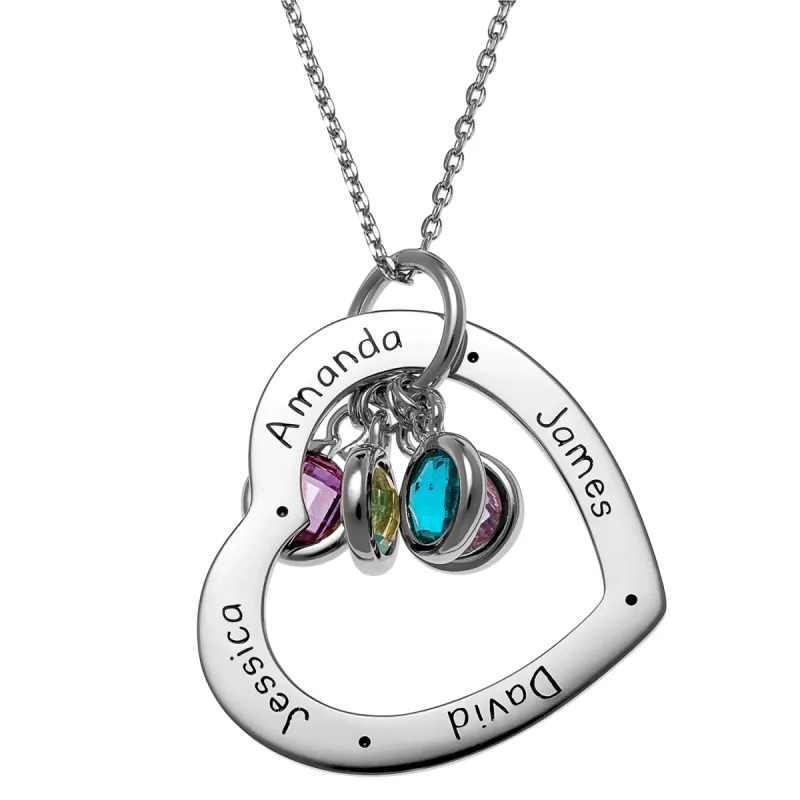 Sterling Silver Engraved Family Names Heart with Birthstones Necklace sold by Limoges Jewelry