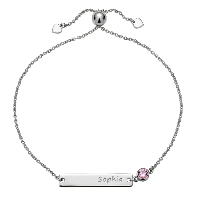 Sterling Silver Engraved Name Bar /Birthstone Adjustable Bracelet sold by Limoges Jewelry