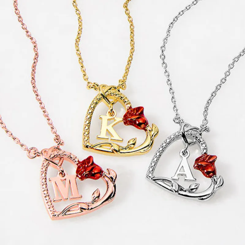 Petite Heart with Initial and Red Enamel Rose Necklace sold by Limoges Jewelry