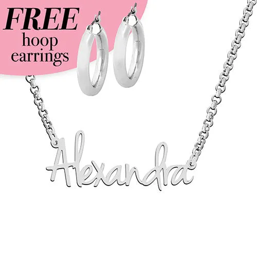 Sterling Silver Petite Script Name with Free Hoop Earrings sold by Limoges Jewelry