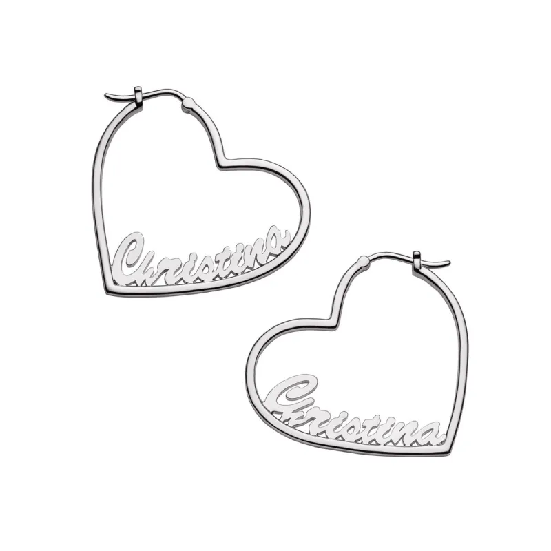 Silver Plated Personalized Script Nameplate Small Heart Hoop Earrings sold by Limoges Jewelry