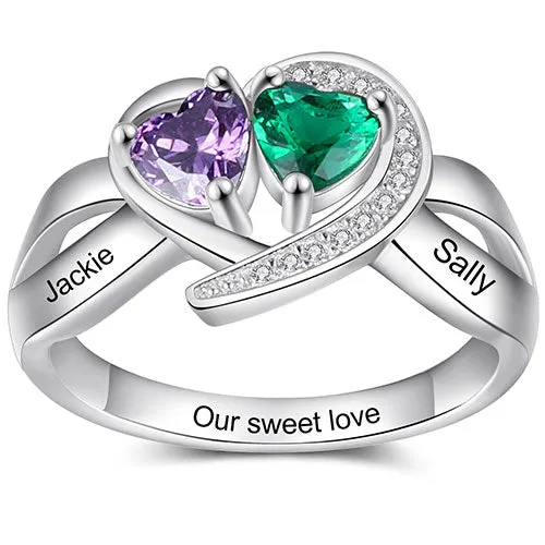 Silver Plated CZ Heart Engraved Double Birthstone Ring sold by Limoges Jewelry