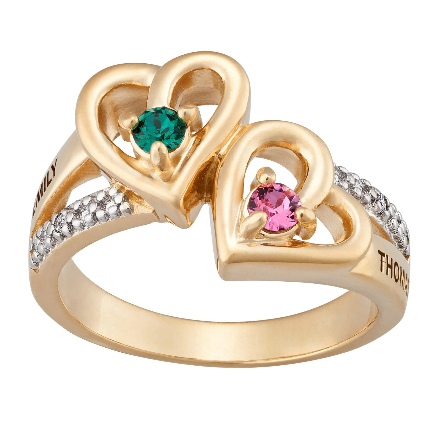 10K Yellow Gold Couples Hearts and Diamond Engravable Name Ring sold by Limoges Jewelry