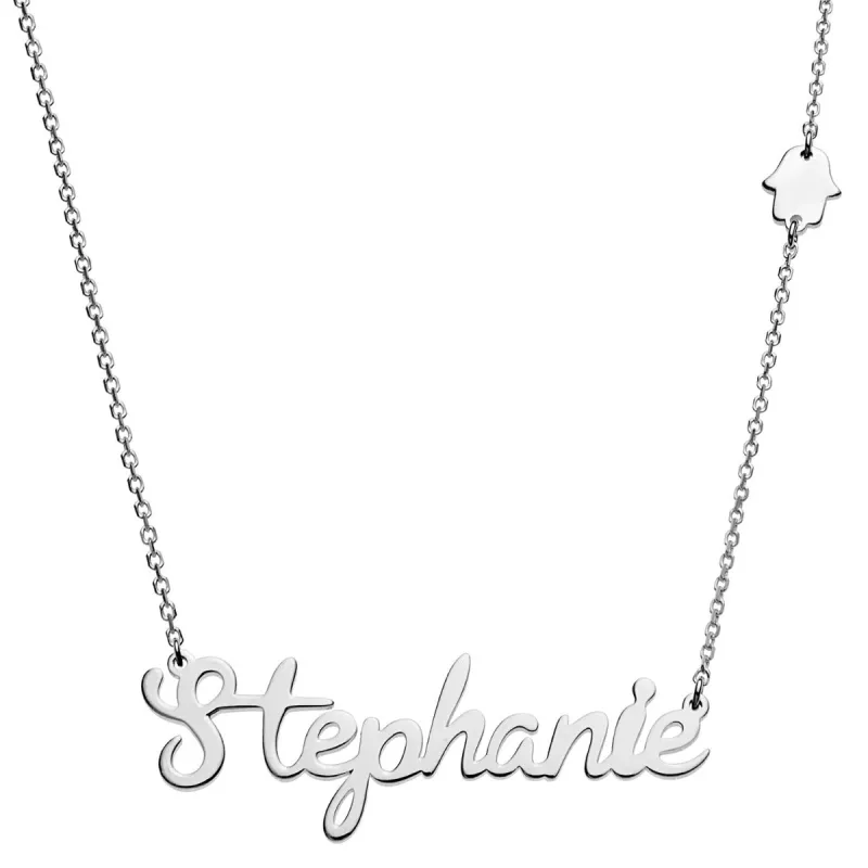 Silver Plated Script Name with Hamsa Hand Station Necklace sold by Limoges Jewelry