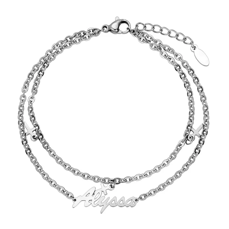 Stainless Steel Double Chain Cross Charm and Name Bracelet sold by Limoges Jewelry