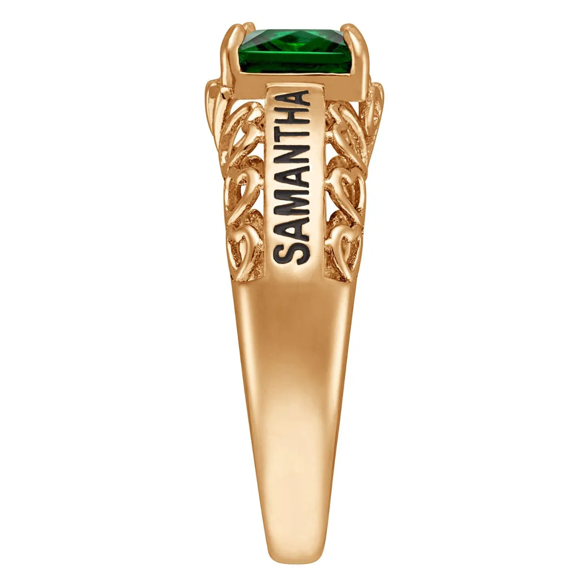 14K Gold over Sterling Emerald-cut Birthstone Class Ring with Filigree Hidden Year sold by Limoges Jewelry product image thumbnail 3