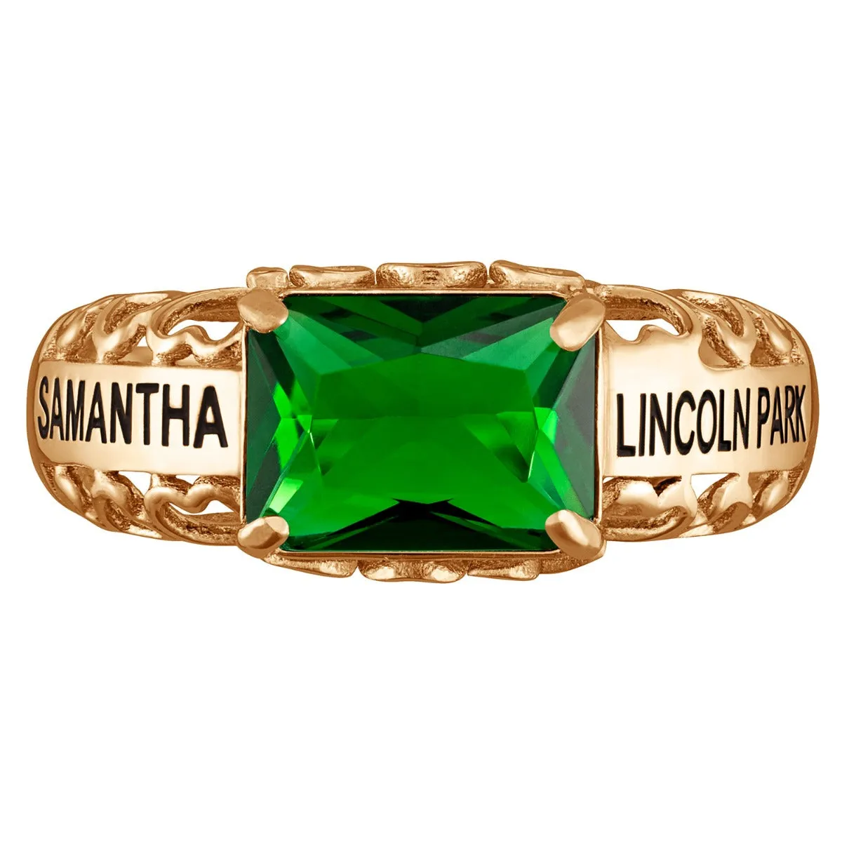 14K Gold over Sterling Emerald-cut Birthstone Class Ring with Filigree Hidden Year sold by Limoges Jewelry product image thumbnail 2