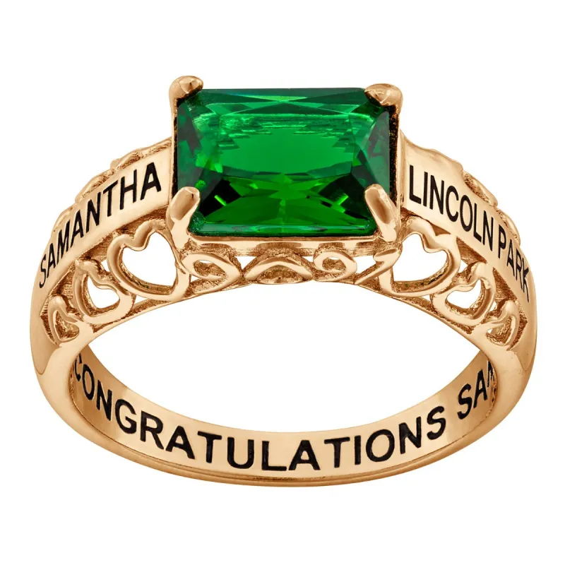 14K Gold over Sterling Emerald-cut Birthstone Class Ring with Filigree Hidden Year sold by Limoges Jewelry