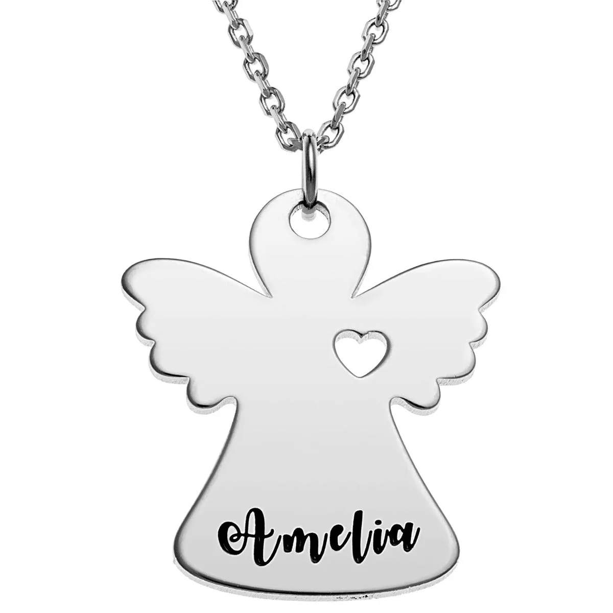 Silver Plated Engraved Name Angel with Heart Necklace sold by Limoges Jewelry