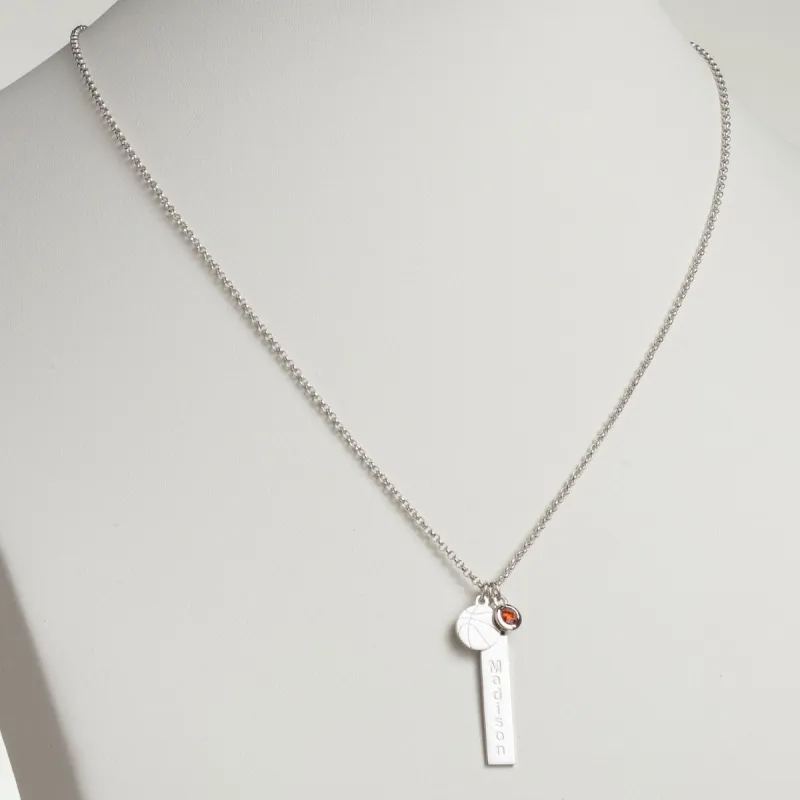 Silver Plated Name Necklace with Basketball Charm and Birthstone Dangle sold by Limoges Jewelry