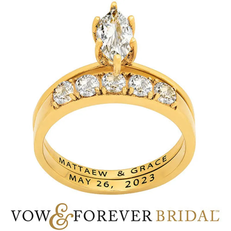 14K Gold over Sterling Marquise White Topaz 2-Piece Engraved Wedding Ring Set sold by Limoges Jewelry