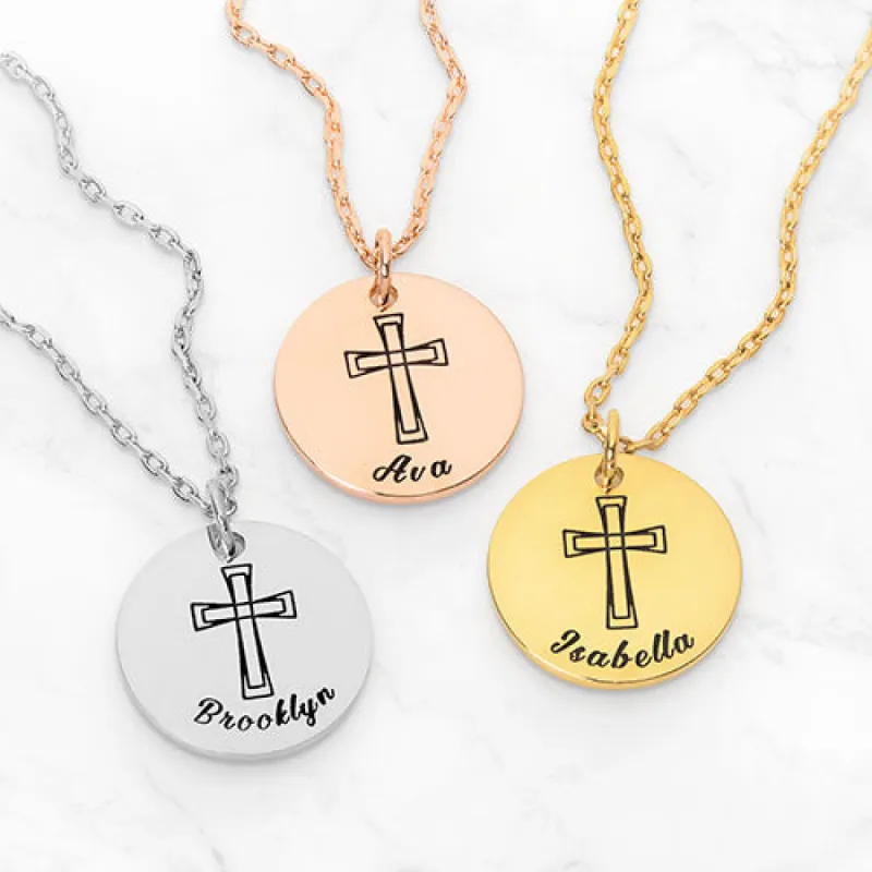 Petite Engraved Name and Cross Disc Necklace sold by Limoges Jewelry