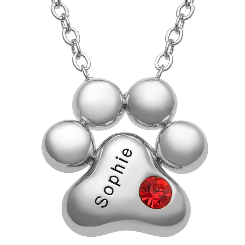 Silver Plated Engraved Name and Birthstone Paw Print Necklace sold by Limoges Jewelry