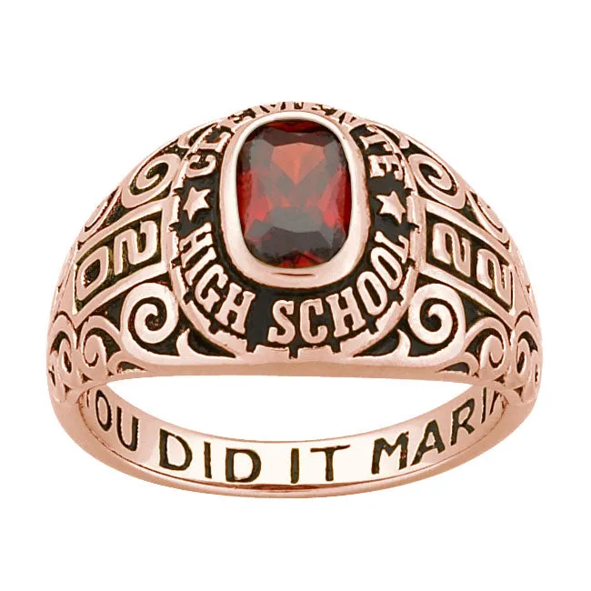 Ladies 14K Rose Gold over Sterling Fancy Scroll Birthstone Class Ring sold by Limoges Jewelry